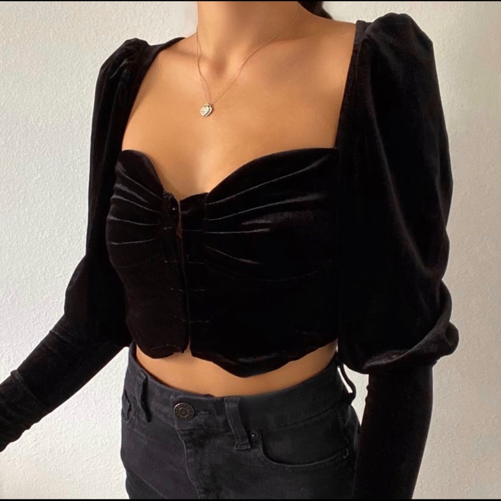 NWT Long-sleeve Velvet Crop-Top, Hook and Eye Front Closure